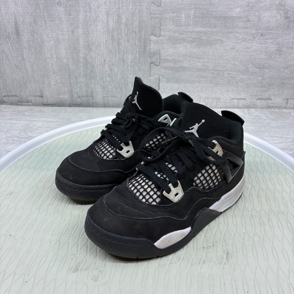 Jordan 4 Retro White Thunder Kids 13C Black Leather Basketball Shoes FV4537-001